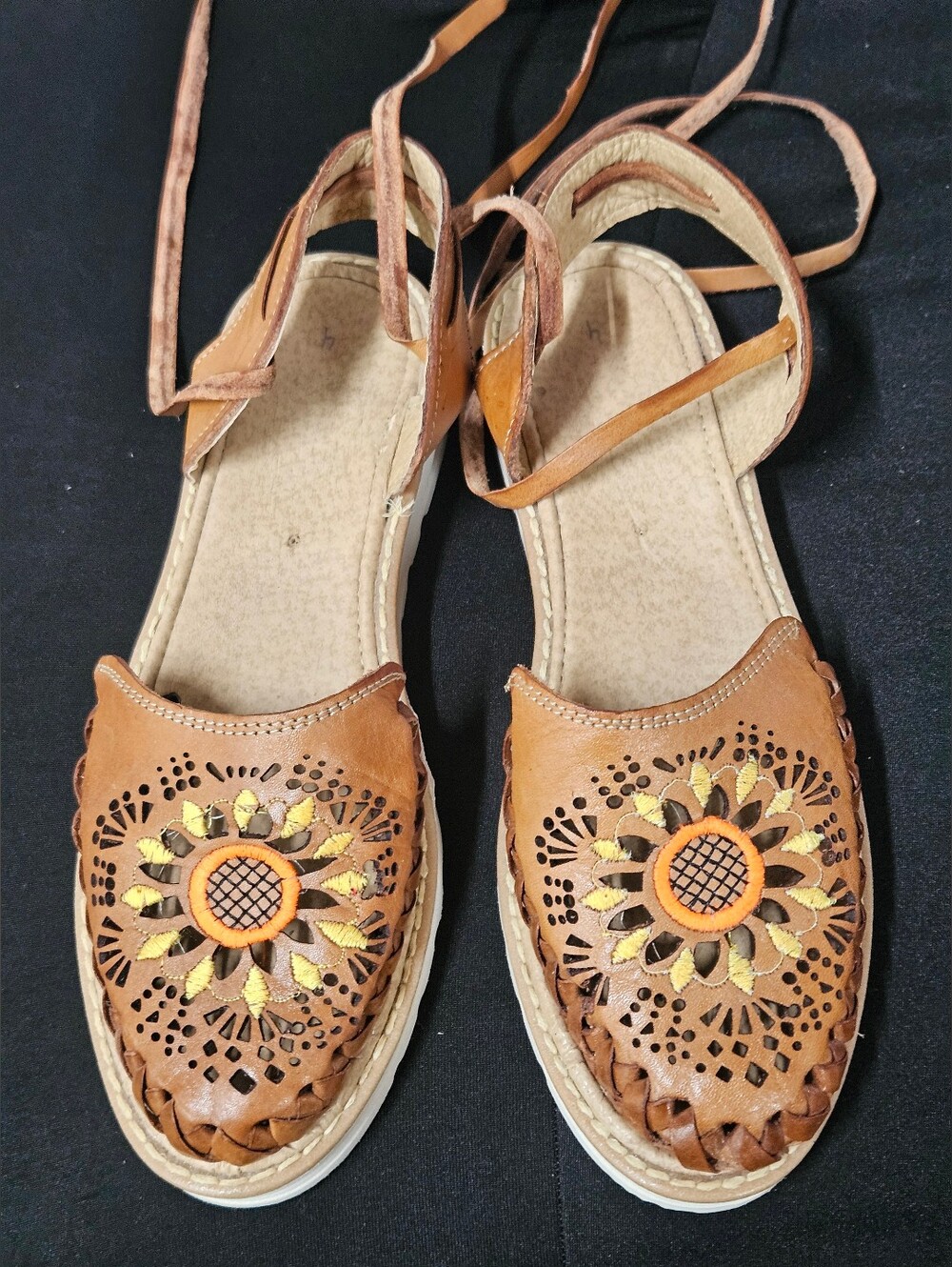 Source Unknown Brown Leather Flats with Yellow & Orange Embroidery Flower